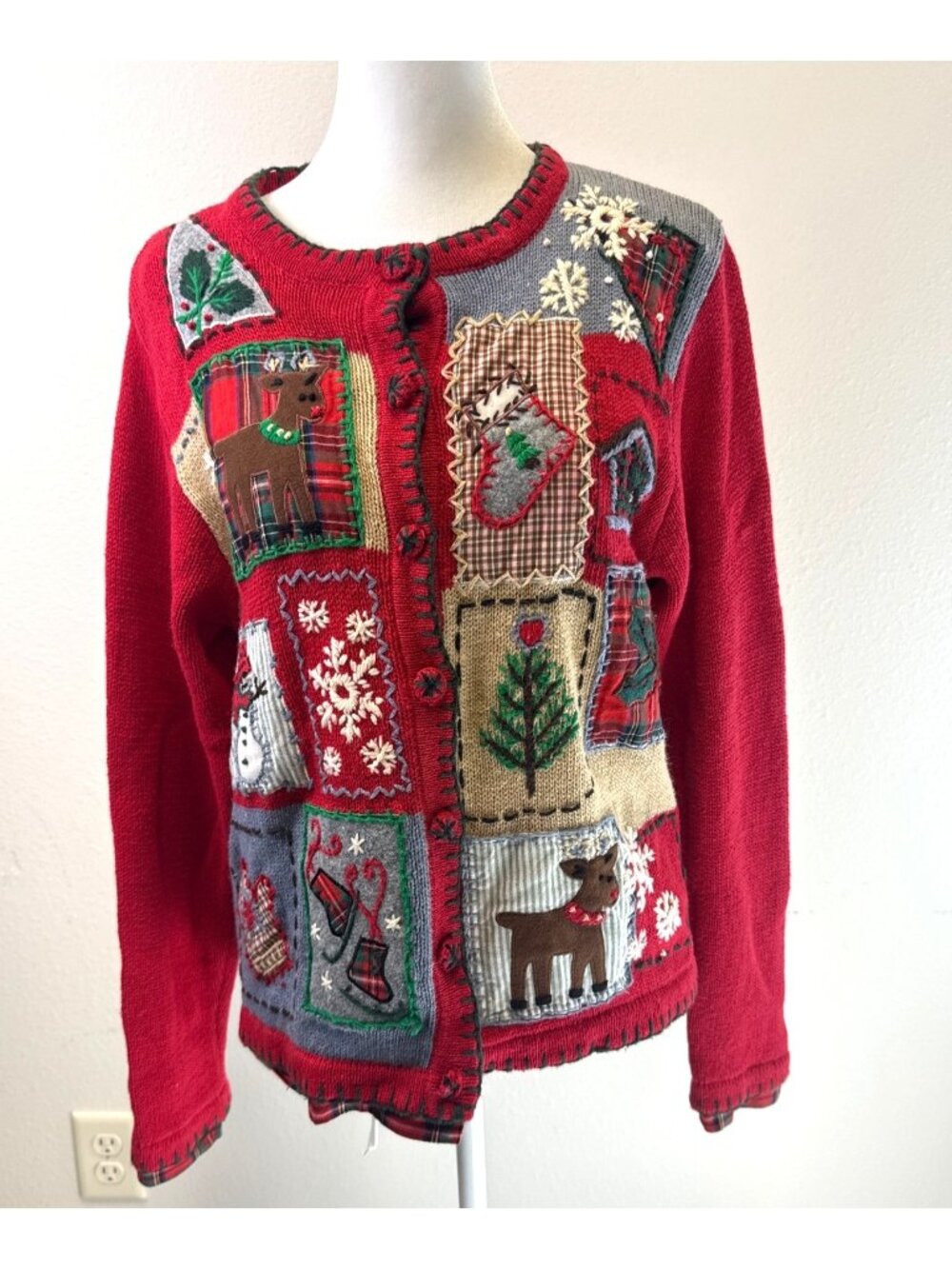 Vtg Victoria Jones Petite Holiday Cardigan Sweater Red X-Mas Patchwork Design PS